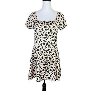 ASOS Leopard Animal Print Square Neck Satin Short Sleeve Fit & Flare Mini Dress